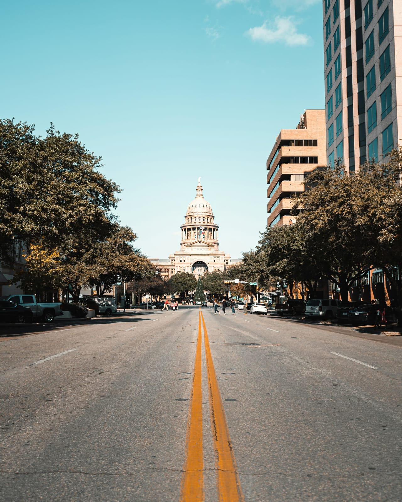 Congress Avenue under its trees, the Texas State Capitol at the end of the street