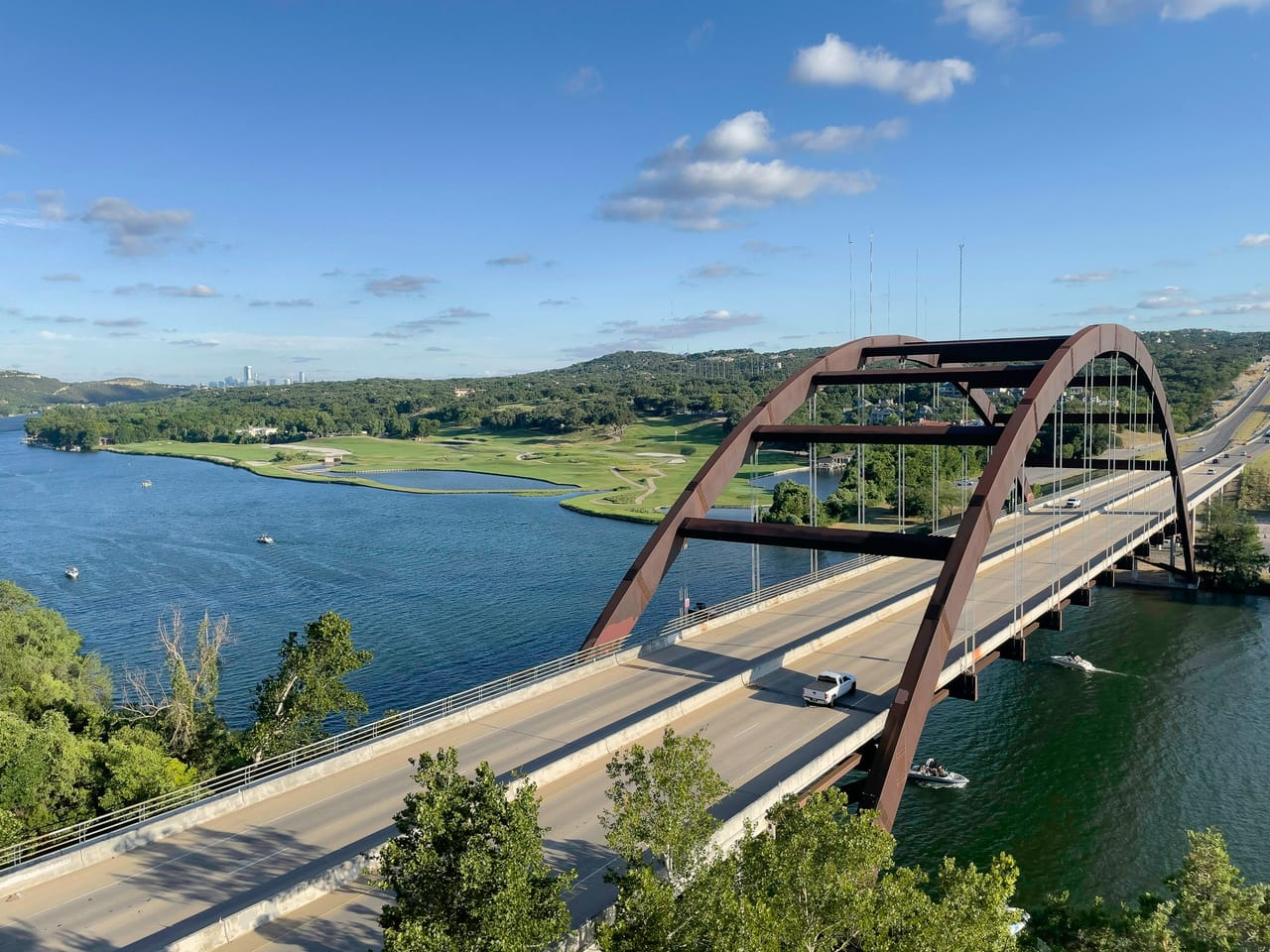 The Pennybacker Bridge over Lake Austin on a clear day