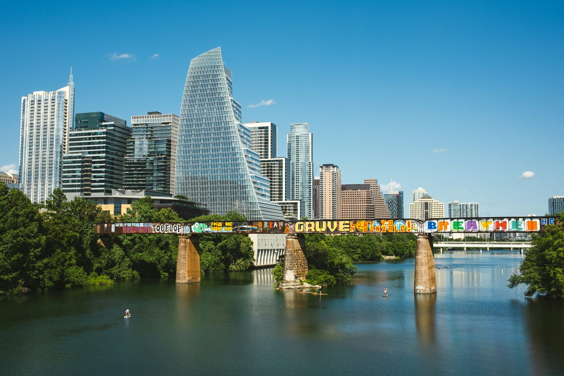 The Austin skyline across Lady Bird Lake on a clear day